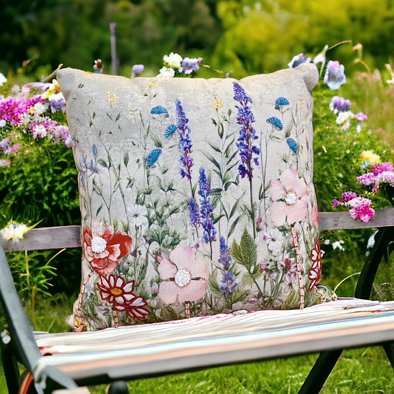 Square Embroidered Cushion, pinks, salvia and poppies