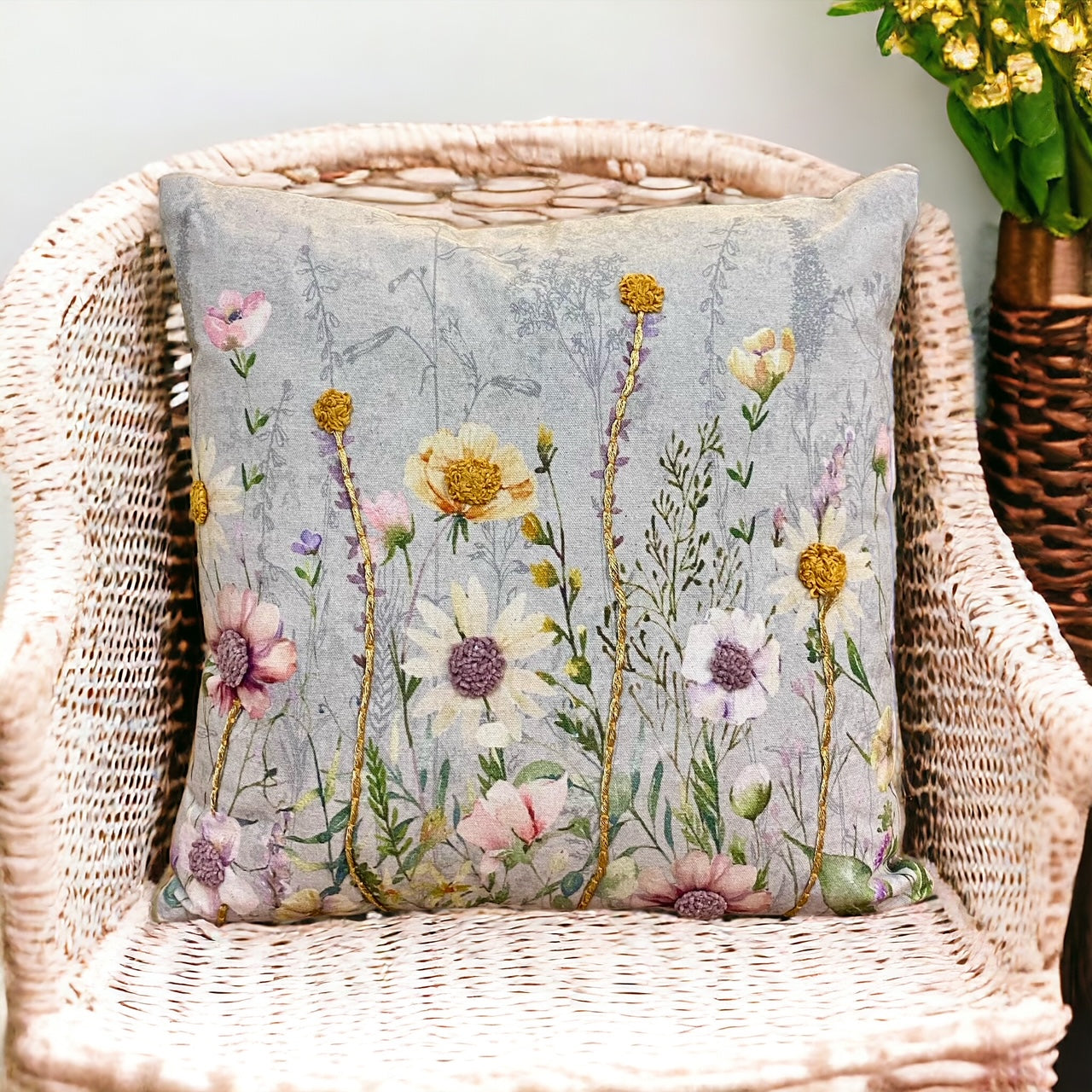 Square Embroidered Cushion, pinks,creams & yellows
