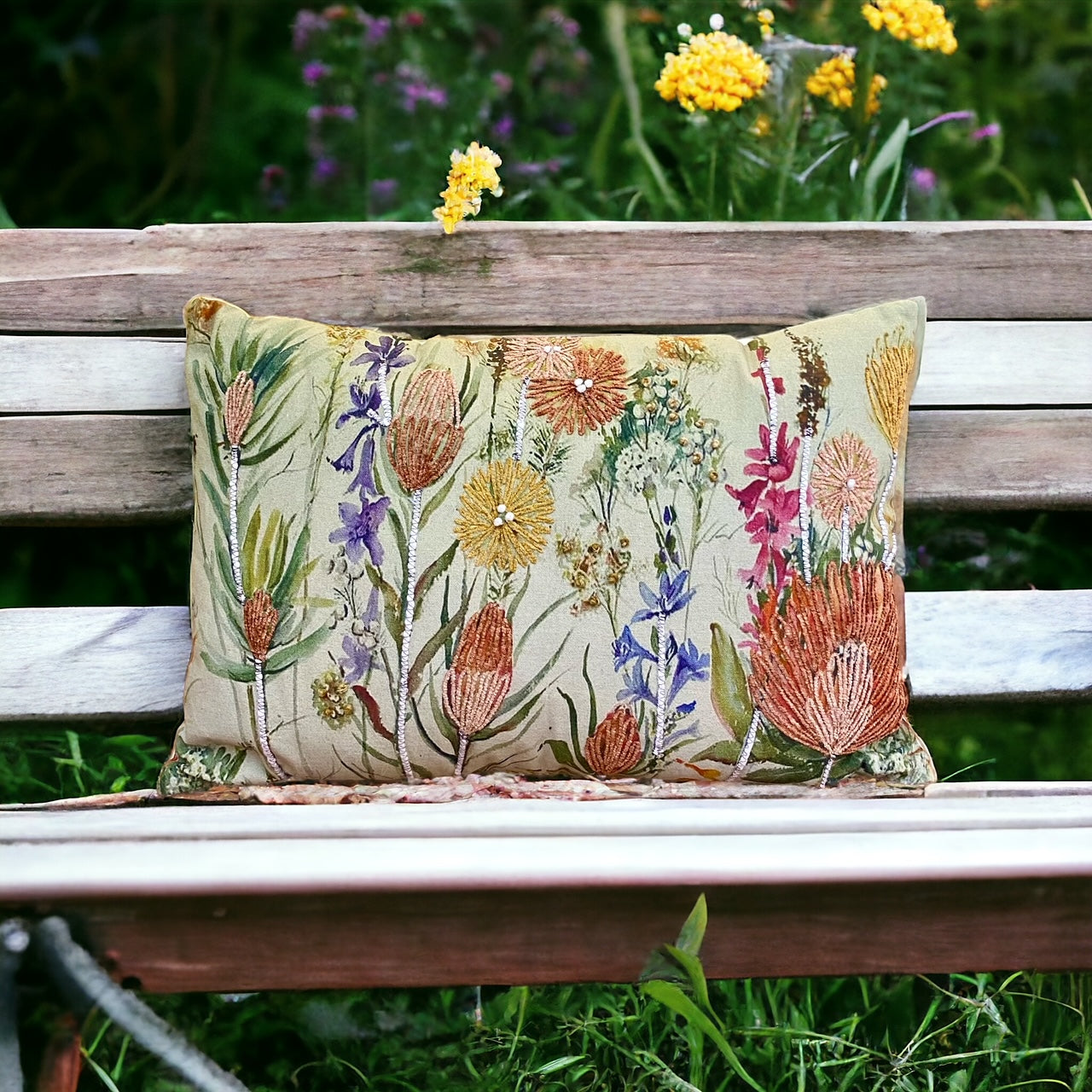 Rectangle Embroidered Cushion, mustard, seed heads, blue/pink flowers