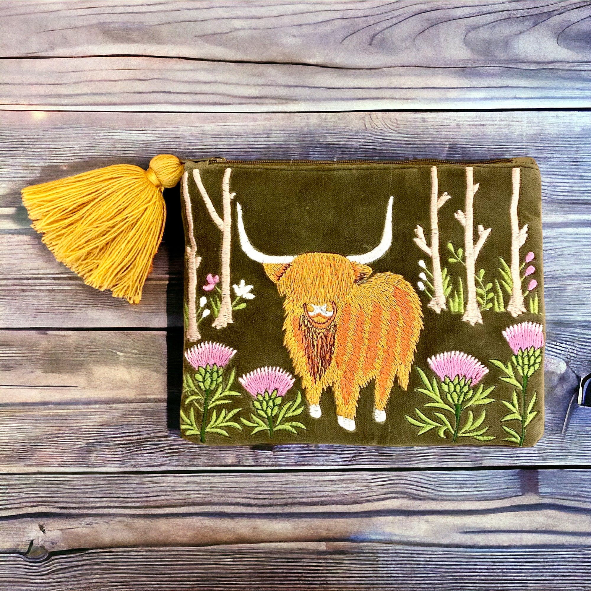 The Highland Cow & Thistles on Forest Green Cotton Velvet Zipped Pouch