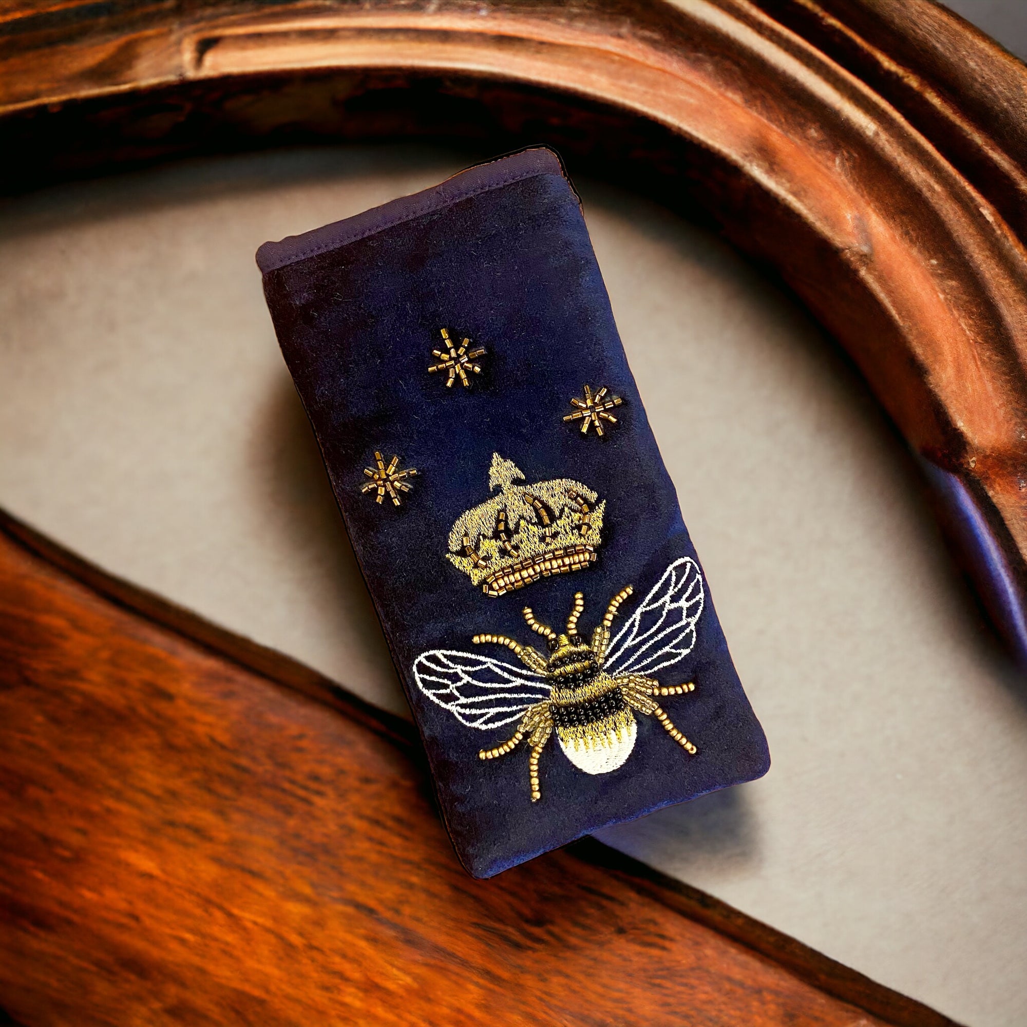 The Royal Bee ~ Royal Blue Glasses Pouch with Gold Bee and Crown Detailing