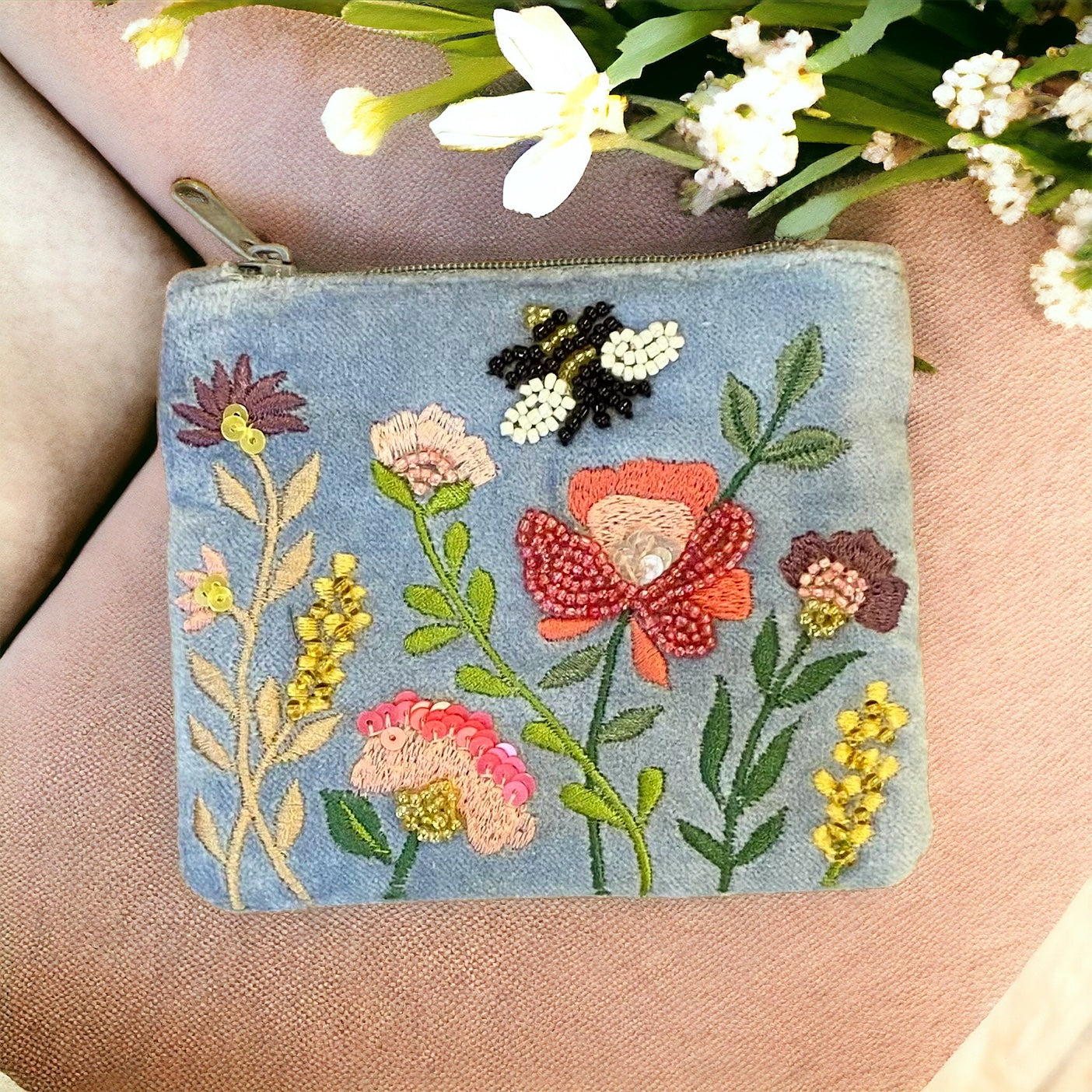 Garden Flowers and Bee on Pale Blue Cotton Velvet Purse