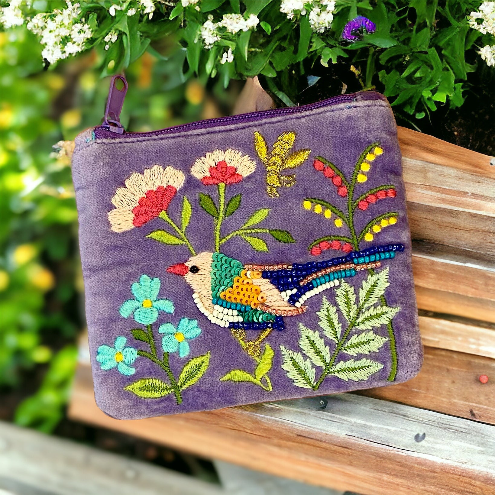 The Beaded Garden Bird and Flowers on Pale Lilac Cotton Velvet Purse