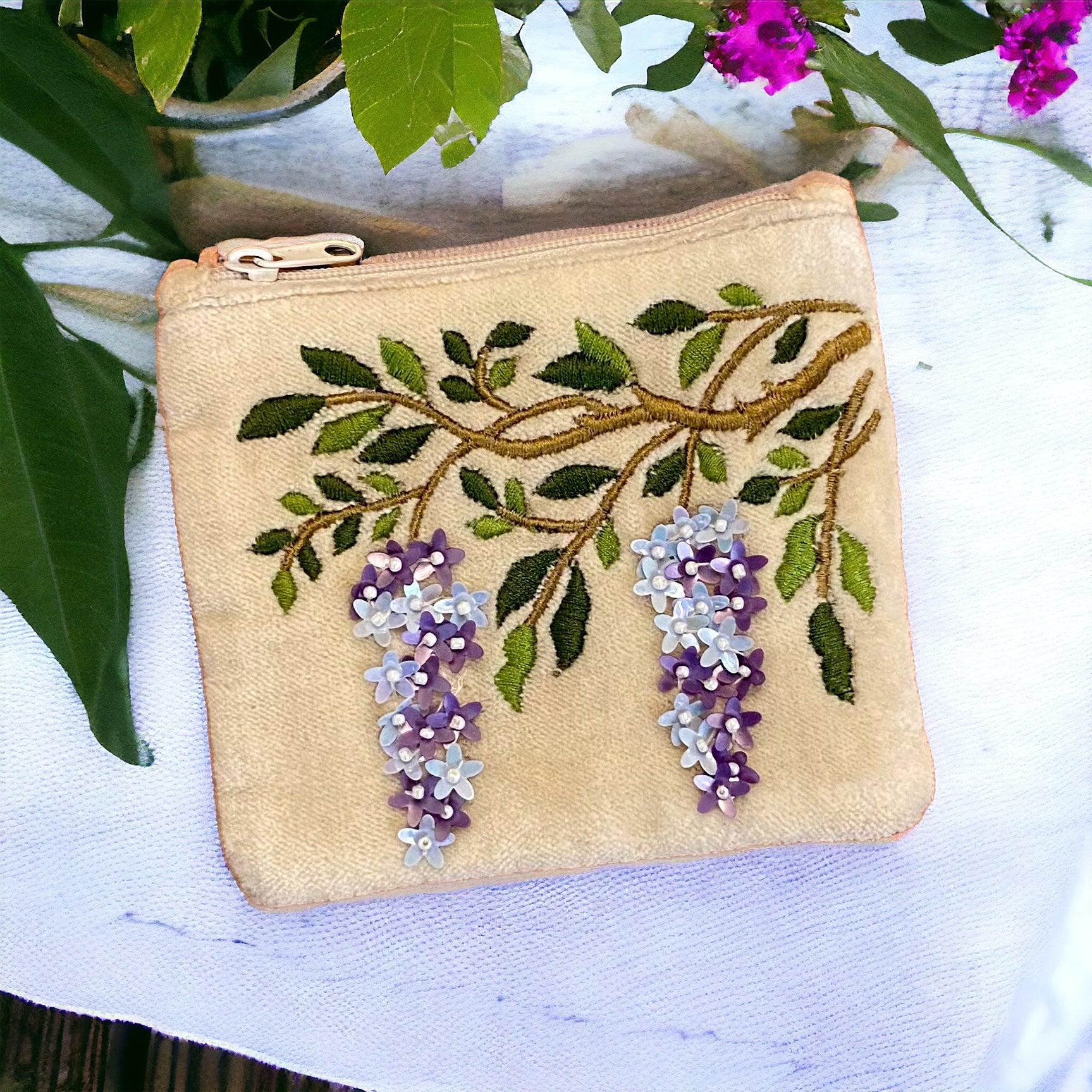 The Wisteria Cotton Velvet Purse with Shell Beading