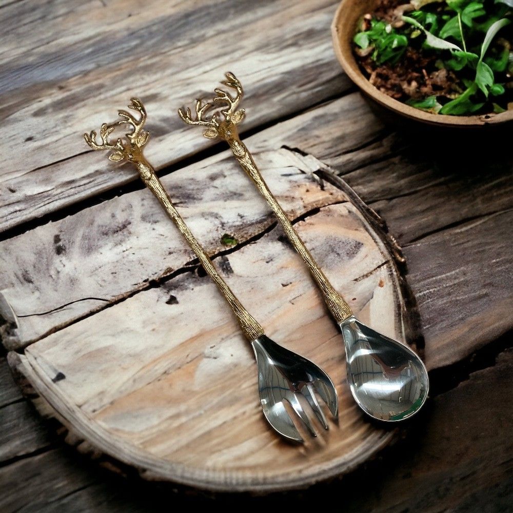 Long Champagne Gold Stag Salad Servers