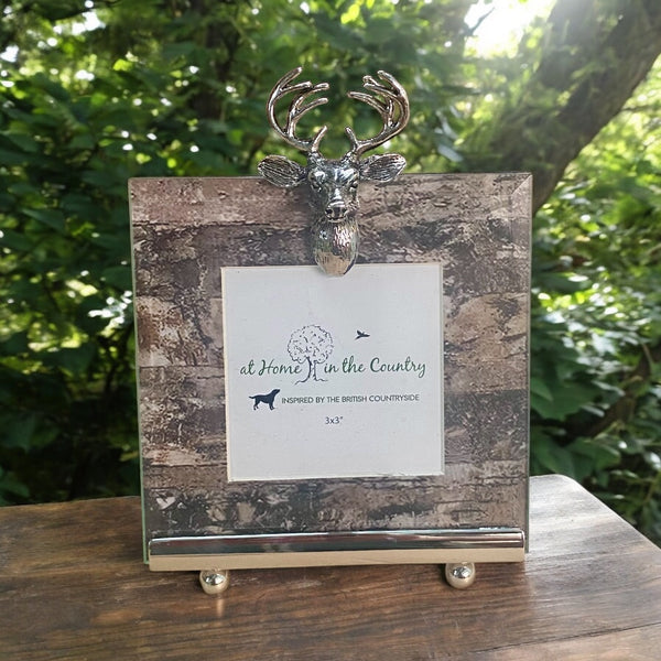 Stag Head Square Frame on Wood Effect Mount - At home in the country