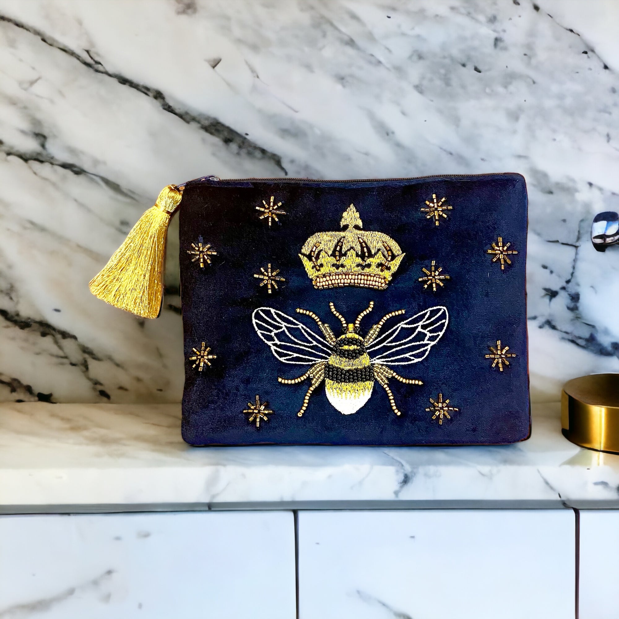 The Royal Bee ~ Royal Blue with Gold Bee Zipped Pouch