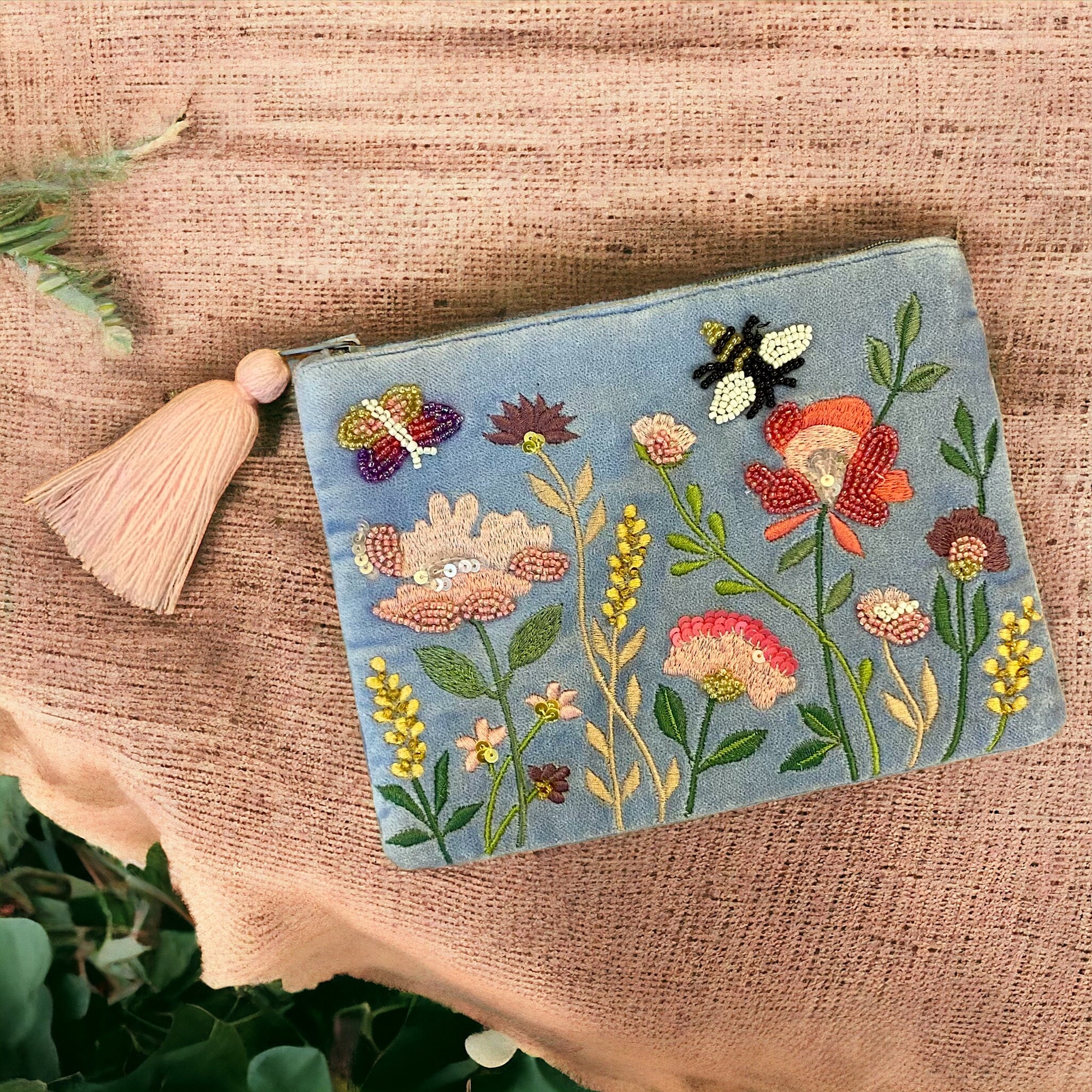 The Garden Flowers, Butterfly & Bee on Powder Blue Cotton Velvet Zipped Pouch