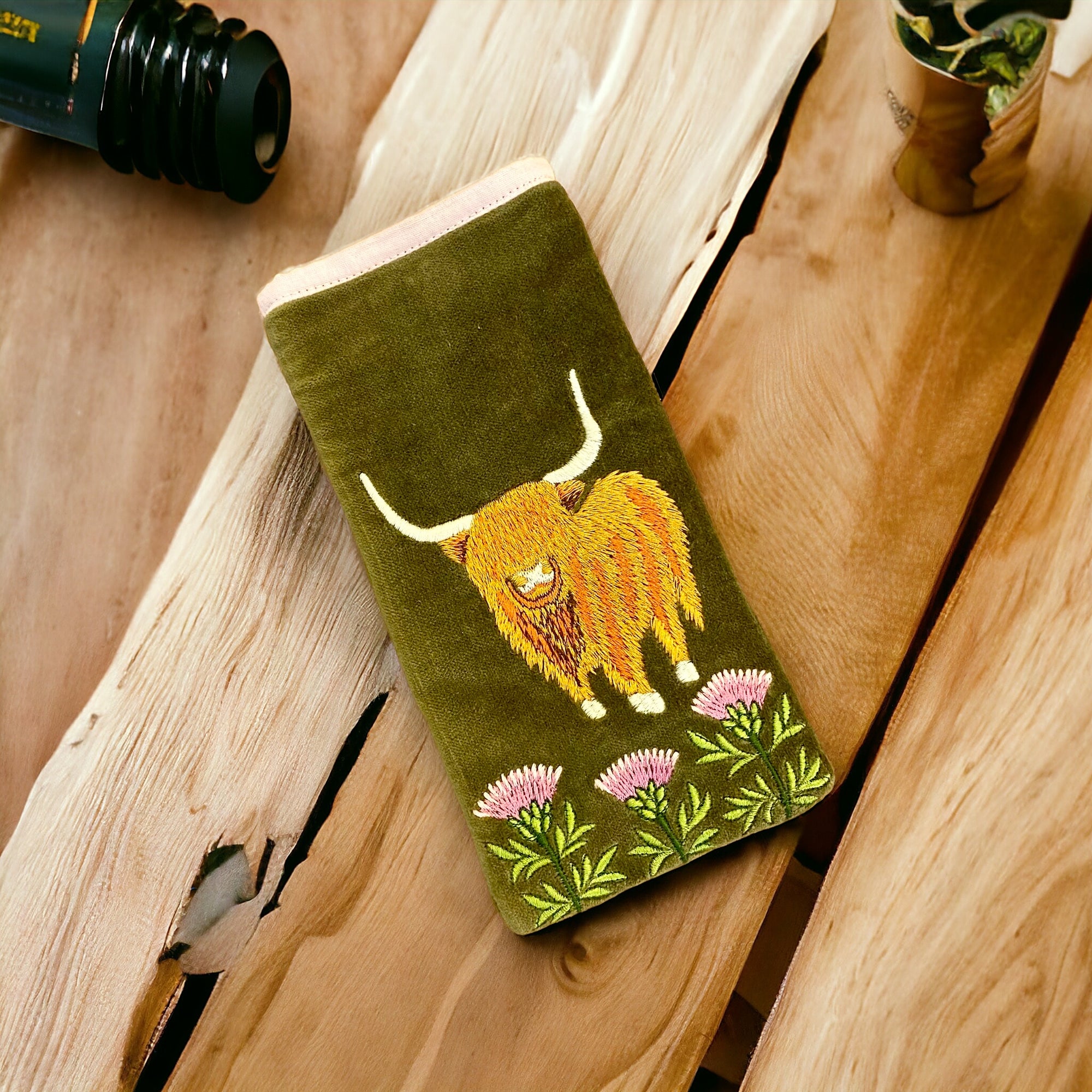 The Highland Cow Glasses Pouch on Forest Green Cotton Velvet