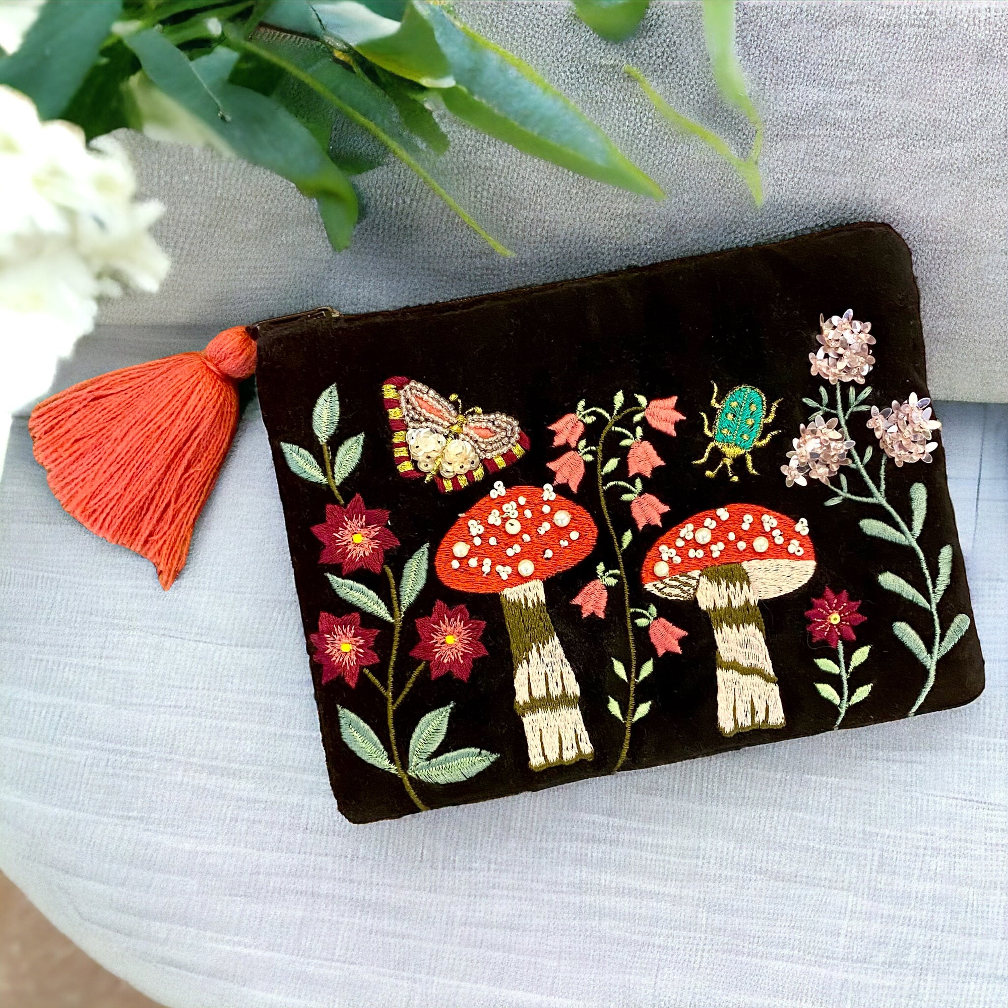 The Woodland Mushrooms & Flowers on Black Cotton Velvet Zipped Pouch