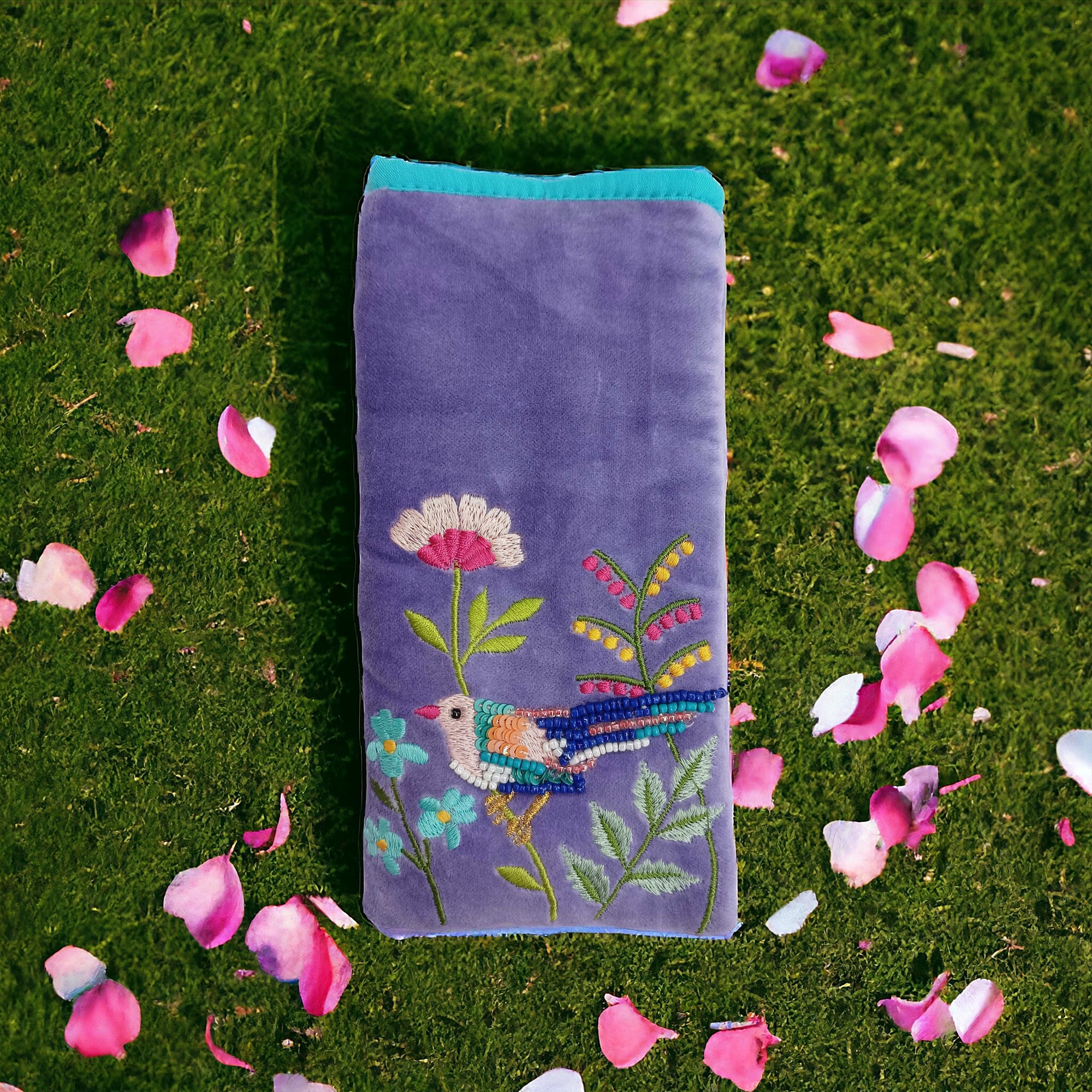 Garden Bird & Flowers Glasses Pouch on Pale Lilac Cotton Velvet
