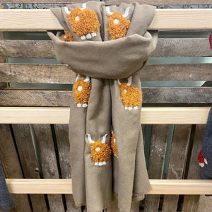 Brown/Ginger Mohair Highland Cow on Beige Scarf