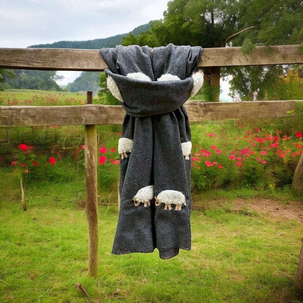 White Mohair Sheep on Charcoal Scarf