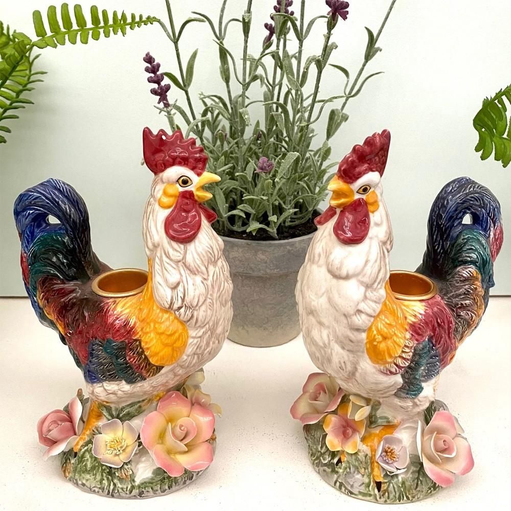 A Pair of Ceramic Cockerels Candle Holders
