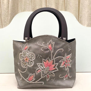 Flower Design Silk Bag with Wooden Handles