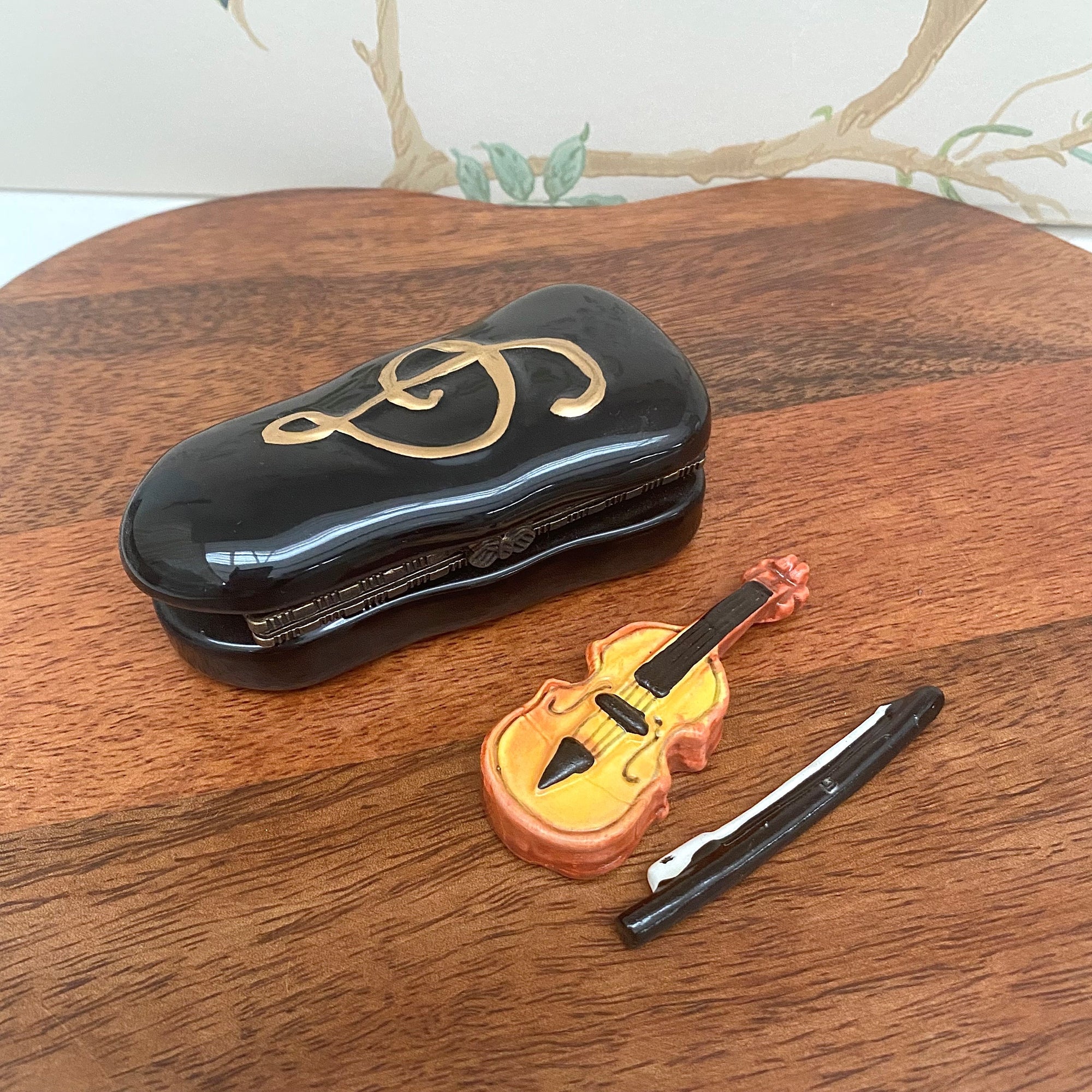 Violin case ceramic box with hidden violin and bow trinket inside.